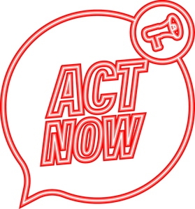 Megaphone label with act now. Neon icon. Megaphone banner. W